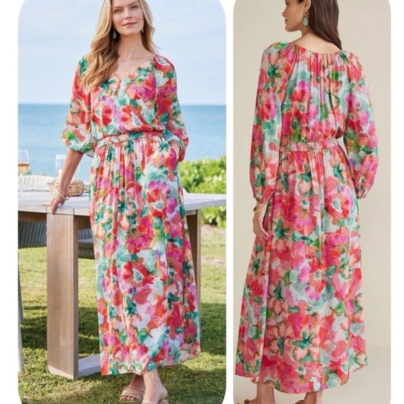 Soft Surroundings Evalina Maxi Dress 2X Plus Floral Chiffon Pockets Tropical - Picture 1 of 12